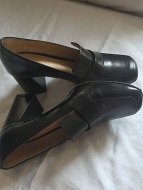Women's Black Leather Block Heel Loafers